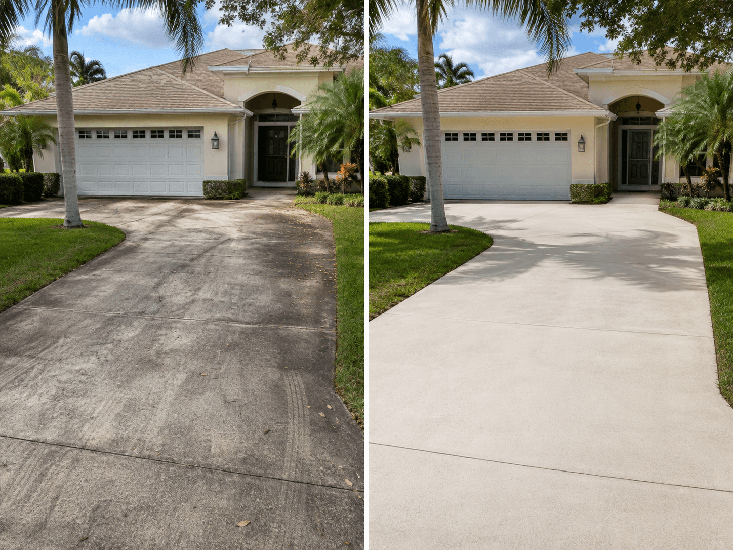 Before and after driveway cleaning for a Melbourne FL home