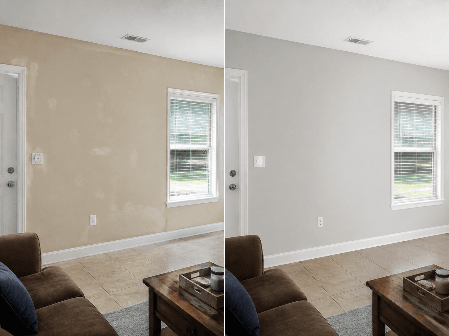 Before and after interior painting refresh in a Palm Bay FL living room