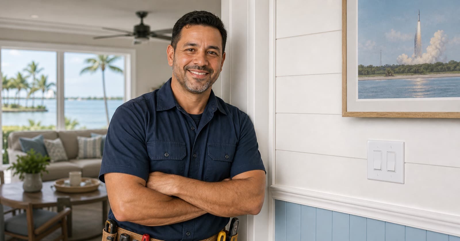 Right Away Services handyman portrait with a coastal home interior behind him