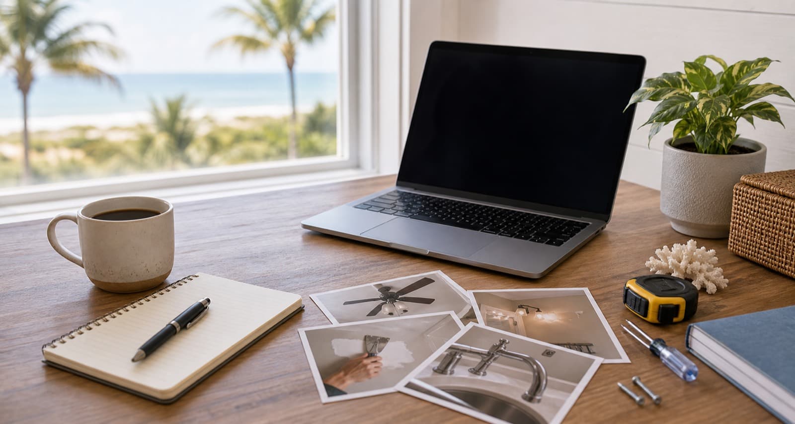 Open laptop with home repair photos, notes, and tools on a worktable
