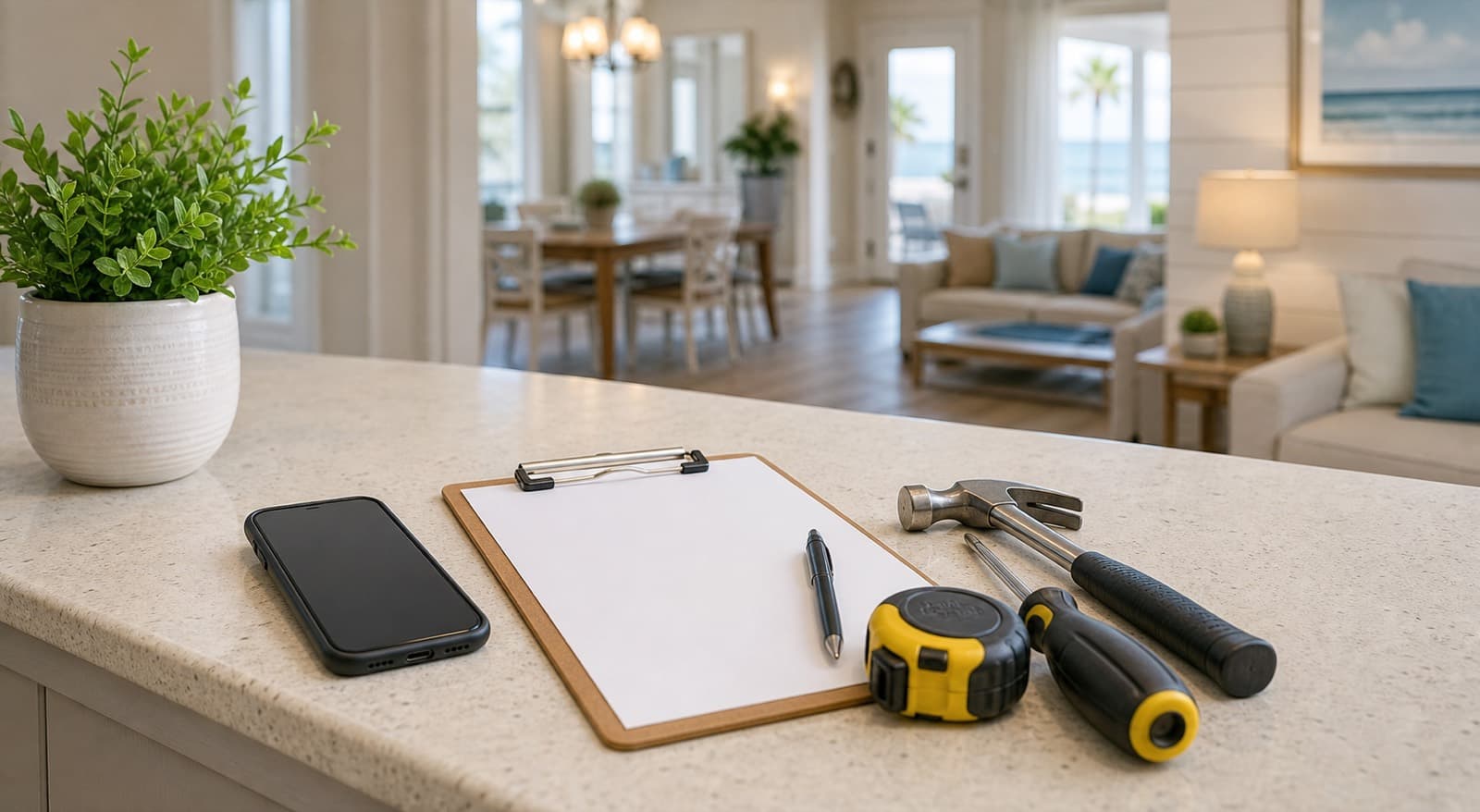 Estimate clipboard, tools, and laptop on a bright kitchen counter