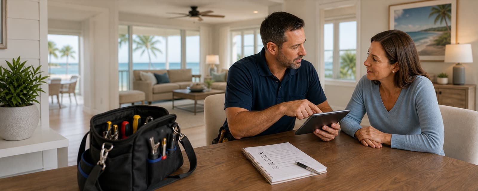 Handyman reviewing project details with a homeowner in a coastal living room