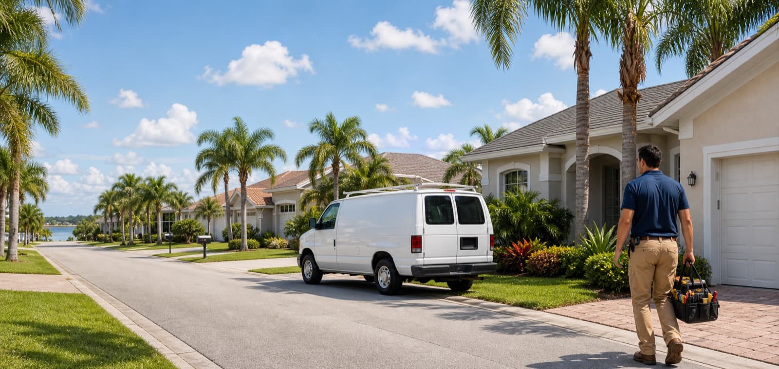 Handyman van parked in a palm-lined Florida neighborhood