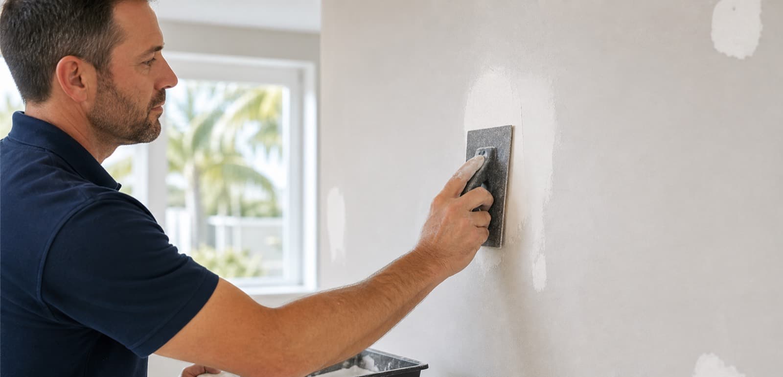 Handyman finishing a drywall patch in a bright Florida home