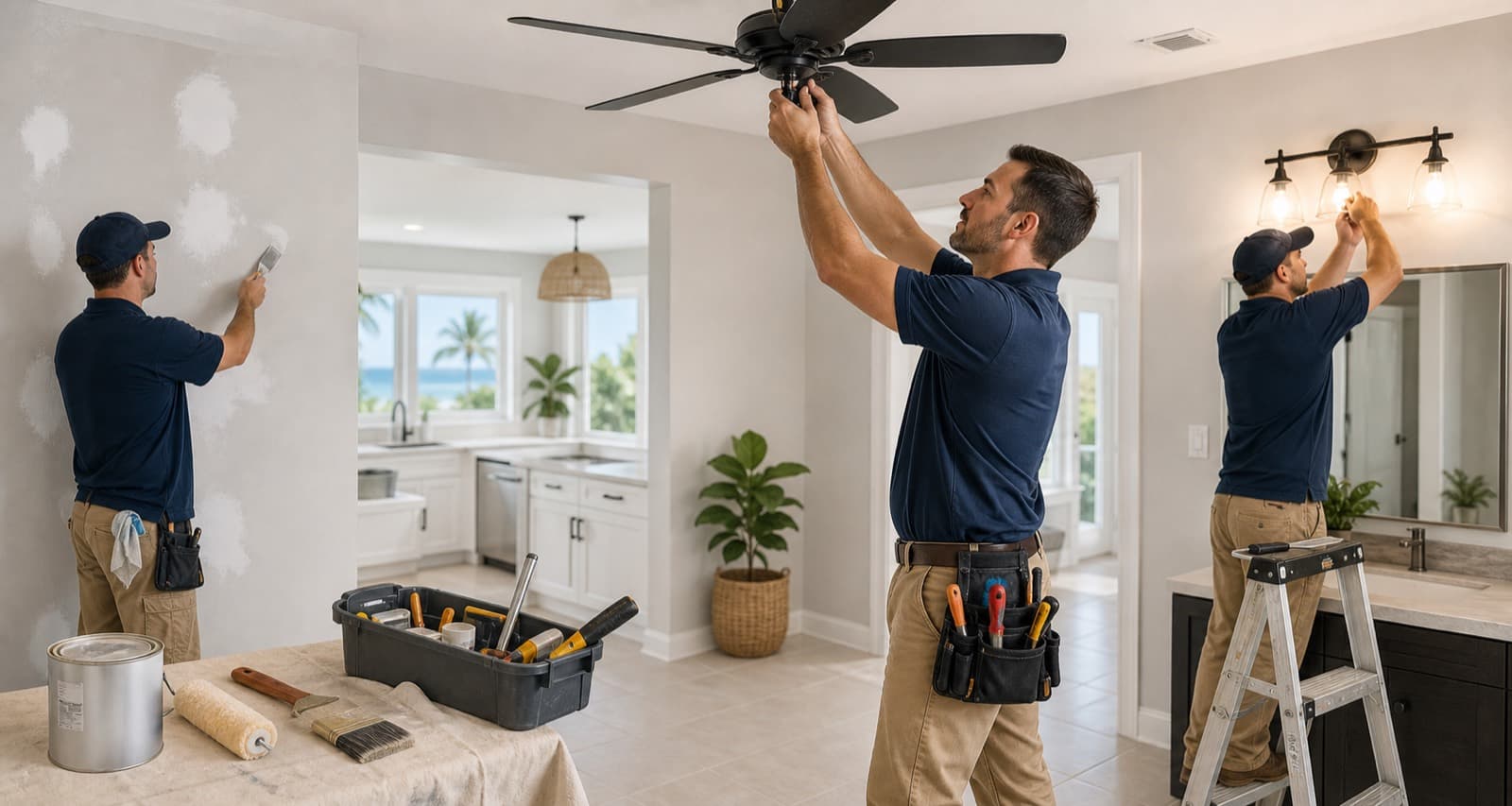 Handyman working on ceiling fans and wall repairs inside a Florida home